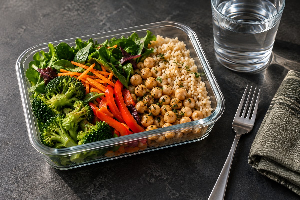 A balanced meal with vegetables, grains and protein